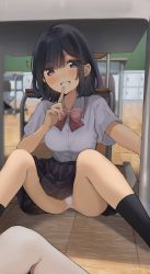 Rule 34 | 1girl, black eyes, black hair, black skirt, blurry, blurry background, blush, bow, bowtie, collared shirt, feet out of frame, finger to mouth, grin, highres, indoors, looking at viewer, noyama (noyama8888), on floor, original, panties, pantyshot, pleated skirt, red bow, red bowtie, school uniform, shirt, short sleeves, sidelocks, sitting, skirt, smile, solo focus, spread legs, swept bangs, thighs, under table, underwear, white panties, white shirt, wooden floor