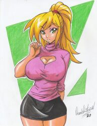Rule 34 | 1girl, 2020, absurdres, arm up, artist name, black skirt, blonde hair, breasts, cleavage, cleavage cutout, closed mouth, clothing cutout, covered erect nipples, cowboy shot, eyelashes, eyeshadow, female focus, green eyes, hair tie, highres, large breasts, long hair, makeup, medium sleeves, nina (sanity not included), pink sweater, ponytail, ravernclouk design, red hair tie, sanity not included, skirt, solo, standing, sweater, thick thighs, thighs, traditional media, turtleneck, turtleneck sweater