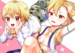 Rule 34 | 2boys, :d, :o, amu enya, armpits, belt, blonde hair, bracelet, child gilgamesh (fate), commentary request, dual persona, fate/hollow ataraxia, fate/kaleid liner prisma illya, fate (series), gilgamesh (fate), hair between eyes, hand on own head, hood, hoodie, jewelry, looking away, multiple boys, necklace, open mouth, pants, pink background, red eyes, short hair, simple background, smile, star (symbol), teeth, two-tone background, upper teeth only, vest, white background, white hoodie