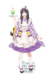 Rule 34 | 1girl, :d, absurdres, ace attorney, black footwear, black hair, bow, cherry, drink, food, fruit, highres, holding, holding tray, long hair, maid, maid headdress, maya fey, open mouth, purple eyes, red bow, rin (yukameiko), sidelocks, simple background, smile, solo, standing, tray, wa maid, waitress, white background, white legwear, wide sleeves, yellow bow