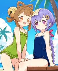 2girls :d bare_arms bare_shoulders bell blue_one-piece_swimsuit blue_sky blush braid brown_eyes brown_hair closed_mouth cloud collarbone commentary_request day feet_out_of_frame frilled_one-piece_swimsuit frills genshin_impact green_one-piece_swimsuit hair_bell hair_between_eyes hair_ornament hair_rings horizon jingle_bell long_hair multiple_girls ocean ofuda one-piece_swimsuit onyhakase open_mouth outdoors palm_tree purple_eyes purple_hair qiqi_(genshin_impact) school_swimsuit single_braid sitting sky smile swimsuit tree very_long_hair water yaoyao_(genshin_impact)