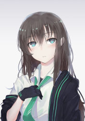 Rule 34 | 1girl, ano54, black gloves, black jacket, blue eyes, blush, brown hair, closed mouth, collared shirt, gloves, gradient background, green necktie, grey background, hair between eyes, head tilt, highres, jacket, long hair, long sleeves, necktie, off shoulder, open clothes, open jacket, original, shirt, signature, sleeves pushed up, solo, very long hair, white shirt