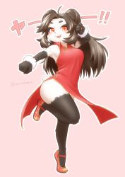 Rule 34 | 1girl, black hair, borrowed character, chinese clothes, female focus, furry, furry female, highres, long hair, nakamula, open mouth, panda, red eyes, solo