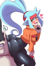 Rule 34 | 1boy, 1girl, ashe (mega man), ass, ass press, blue hair, blush, bodysuit, breasts, capcom, drooling, gloves, green eyes, headband, heart, hetero, highres, huge ass, leaning, leaning forward, long hair, looking at another, looking back, medium breasts, mega man (series), mega man zx, mega man zx advent, naughty face, nobuyu (77yusei), open mouth, pants, ponytail, sideboob, simple background, skin tight, smile, solo focus, spoken sweatdrop, sweatdrop, teeth, tongue, vent (mega man), very long hair, white background