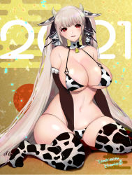 Rule 34 | 1girl, 2021, :d, animal ears, animal print, azur lane, bare shoulders, bikini, black sleeves, blush, breasts, cleavage, commentary request, cow ears, cow horns, cow print, detached sleeves, fake animal ears, fake horns, formidable (azur lane), full body, grey hair, hachimitsu hinako, highres, horns, large breasts, long hair, looking at viewer, midriff, navel, open mouth, sidelocks, signature, sitting, skindentation, smile, solo, swimsuit, thighhighs, twintails, very long hair, wariza, white bikini, white thighhighs, yellow background
