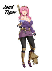 Rule 34 | 1girl, ^ ^, bare shoulders, breasts, choker, cleavage, closed eyes, full body, hairband, highres, jagdtiger, large breasts, long hair, miki purasu, military vehicle, motor vehicle, open mouth, original, pantyhose, personification, pink hair, simple background, solo, tank, tank destroyer, white background, world of tanks