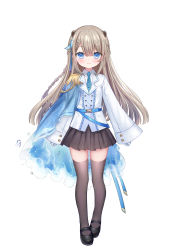 Rule 34 | 1girl, animal ears, black footwear, black skirt, blue cape, blue eyes, blue necktie, blush, braid, brown hair, brown thighhighs, cape, center frills, closed mouth, collared shirt, epaulettes, frills, full body, gloves, highres, indie virtual youtuber, jacket, long hair, long sleeves, looking at viewer, lutra lutra, mole, mole under eye, necktie, official art, pleated skirt, sheath, shiodome oji, shirt, shoes, side cape, simple background, single epaulette, skirt, solo, standing, tail, thighhighs, very long hair, virtual youtuber, white background, white gloves, white jacket, white shirt, wide sleeves