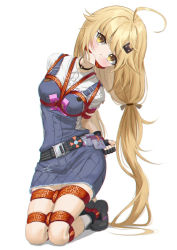 Rule 34 | 1girl, absurdres, ahoge, black footwear, blonde hair, blush, bound, breasts, cailin020, collar, fingerless gloves, gloves, hair ornament, hairclip, highres, kneeling, long hair, medium breasts, overalls, restrained, shirli (tower of fantasy), shirt, solo, tower of fantasy, white background, white shirt, yellow eyes