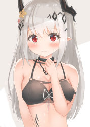 Rule 34 | 1girl, arknights, bare arms, bare shoulders, black choker, blush, breasts, choker, cleavage, commentary, flower, hair flower, hair ornament, hand up, highres, horns, long hair, looking at viewer, material growth, mudrock (arknights), mudrock (silent night) (arknights), official alternate costume, oripathy lesion (arknights), pointy ears, red eyes, silver hair, solo, stomach, upper body, yuetsu