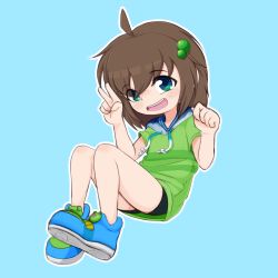 Rule 34 | 1girl, ahoge, artist request, black shorts, blue background, blue collar, blue eyes, blue footwear, blush, brown hair, child, collar, collared jacket, ears, eyes visible through hair, freckles, frog, full body, green eyes, green hair ornament, green hoodie, green shirt, hair ornament, hands up, highres, hood, hooded shirt, hoodie, indie virtual youtuber, jacket, legs, legs together, legs up, lily hopkins, looking at viewer, medium hair, messy hair, multicolored eyes, open mouth, shirt, short sleeves, shorts, simple background, source request, teeth, tongue, upper teeth only, v, virtual youtuber