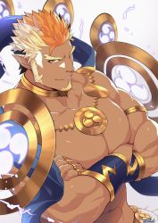 Rule 34 | 1boy, abs, armor, bara, beard, cape, collar, crossed arms, facial hair, from side, gyee, highres, large pectorals, lightning, lightning background, long sideburns, looking at viewer, male focus, multicolored hair, muscular, navel, nipples, open clothes, orange eyes, pectorals, pointy ears, raikoh (paradiso guardian), sideburns, simple background, smile, solo, upper body, veins, zifu