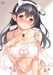 Rule 34 | 10s, 1girl, 3:, animal ears, bare shoulders, bell, neck bell, black hair, blush, bra, breasts, brown eyes, cat cutout, cat ear panties, cat ears, cat lingerie, choker, cleavage, cleavage cutout, clothing cutout, collarbone, commentary request, covered erect nipples, fake animal ears, hairband, hand on own chest, jingle bell, kantai collection, large breasts, leaning forward, long hair, looking at viewer, meme attire, navel, nose blush, panties, ribbon choker, side-tie panties, solo, underwear, underwear only, ushio (kancolle), white bra, white panties, yappen, yatsu (sasuraino)