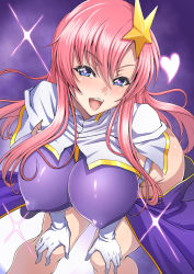 Rule 34 | 00s, 1girl, :d, blue eyes, blush, breasts, capelet, covered erect nipples, gloves, gundam, gundam seed, gundam seed destiny, hair ornament, hands on own knees, heart, heart-shaped pupils, large breasts, leaning forward, long hair, looking at viewer, meer campbell, open mouth, pink hair, shiny clothes, skin tight, smile, solo, standing, star (symbol), star hair ornament, symbol-shaped pupils, syunzou