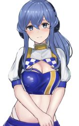 Rule 34 | 1girl, absurdres, bandeau, blue bandeau, blue eyes, blue hair, blue skirt, breasts, cleavage, commentary request, cowboy shot, cropped jacket, enri (enriko683), gotland (kancolle), headphones, highres, jacket, kantai collection, long hair, looking at viewer, medium breasts, midriff, mole, mole under eye, navel, official alternate costume, race queen, simple background, skirt, solo, white background, white jacket