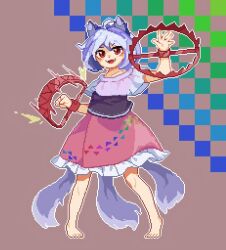 Rule 34 | 1girl, animal ears, barefoot, commentary request, dog ears, dog girl, dog tail, fangs, bear trap, frilled skirt, frills, full body, grey background, hui mi (hennji echo), looking at viewer, mitsugashira enoko, multiple tails, open mouth, pink skirt, red eyes, simple background, skirt, solo, tail, touhou, v-shaped eyebrows
