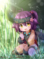 Rule 34 | 1girl, :d, bad id, bad pixiv id, blush, dragon guild, grass, hair bobbles, hair ornament, holding, jewelry, leaf umbrella, light rays, mini person, minigirl, necklace, open mouth, pantyhose, purple hair, ringo yuyu, side ponytail, sitting, smile, solo, soukyuu dragon guild, sunbeam, sunlight, watermark, white pantyhose, yellow eyes