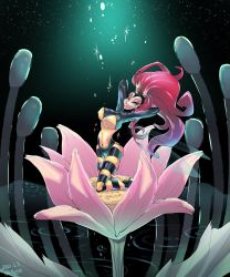 Rule 34 | 1girl, 2021, antennae, arms behind head, artist name, bee print, black sky, blue eyes, bodysuit, breasts, cello us, crown, earthworm jim, eyeshadow, female focus, floating hair, flower, half-closed eyes, high ponytail, highres, large breasts, light, lipstick, long hair, makeup, night, pink flower, princess what&#039;s-her-name, red hair, red lips, shiny clothes, shiny skin, skin tight, sky, solo, solo focus, star (sky), water