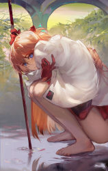 Rule 34 | 1girl, bare legs, barefoot, blue eyes, blush, bodysuit, brown hair, closed mouth, commentary, english commentary, from side, gloves, hair between eyes, hair ornament, highres, holding, long hair, looking at viewer, looking to the side, neon genesis evangelion, no pants, outdoors, plugsuit, rabbit (tukenitian), rain, red bodysuit, red gloves, solo, souryuu asuka langley, squatting, toes, wet, wet hair