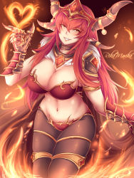 Rule 34 | 1girl, alexstrasza, armor, artist name, bikini armor, breasts, chest jewel, cleavage, female focus, fire, gauntlets, hair between eyes, head tilt, heroes of the storm, highres, horns, horns through headwear, huge breasts, jewelry, long hair, looking at viewer, midriff, navel, necklace, pantyhose, pauldrons, pointy ears, red hair, revealing clothes, rikamarika, shoulder armor, signature, simple background, smile, tagme, thick eyebrows, warcraft, yellow eyes