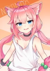 Rule 34 | 1girl, ahoge, animal ear fluff, animal ears, bare shoulders, black choker, blue eyes, blush, breasts, cat ears, character name, choker, cleavage, collarbone, crossed bangs, fang, hair bobbles, hair ornament, hinata channel, kurokami (user ckmu3427), long hair, looking at viewer, low twintails, nekomiya hinata, off shoulder, open mouth, pink hair, sleeveless, small breasts, smile, solo, tank top, twintails, virtual youtuber, white tank top