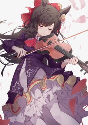 Rule 34 | 1girl, absurdres, animal ears, black hair, closed eyes, closed mouth, daiichi ruby (umamusume), dress, flower, frills, gothic lolita, hair flower, hair ornament, highres, holding, holding instrument, holding violin, horse ears, horse girl, horse tail, instrument, lolita fashion, music, pantyhose, playing instrument, simple background, solo, tail, umamusume, violin, white background, white pantyhose, yamada auto