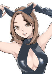 Rule 34 | 1girl, animal ears, arms up, bare shoulders, brown eyes, cleavage cutout, clothing cutout, dytm, fake animal ears, fingerless gloves, gloves, highres, looking at viewer, simple background, smile, solo, white background