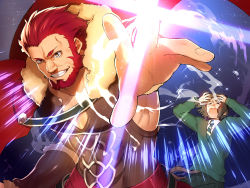 Rule 34 | 2boys, arm guards, armor, beard, black hair, brown eyes, cape, eyebrows, facial hair, fate/stay night, fate/zero, fate (series), foreshortening, grin, iskandar (fate), lens flare, male focus, multiple boys, murakami yuichi, necktie, open mouth, outstretched hand, red hair, short hair, smile, sparkle, sweater, waver velvet, yellow eyes