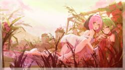 Rule 34 | 2girls, absurdres, all fours, bare legs, bare shoulders, barefoot, black hair, commentary, dress, english commentary, flower, grass, green eyes, green hair, highres, looking at viewer, mocha (osu!), mouth hold, multicolored hair, multiple girls, nepperoni, osu!, outdoors, pink hair, pippi (osu!), plant, potted plant, red dress, red eyes, ribbon, ribbon in mouth, short hair, twintails, twitter username, two-tone hair, white dress, yuri