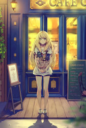 Rule 34 | 1girl, bare legs, blonde hair, blouse, carrying, coffee, collarbone, commentary request, door, english text, full body, highres, long hair, looking at viewer, night, original, shirt, shop, short shorts, shorts, silhouette, smile, solo, standing, storefront, window, yellow eyes, yohan12