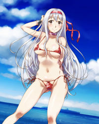 Rule 34 | 1girl, arm behind head, bikini, blush, bracelet, breasts, breasts apart, brown eyes, cameltoe, cloud, commentary request, day, covered erect nipples, eyelashes, feet out of frame, jewelry, kantai collection, long hair, medium breasts, navel, red bikini, sameha ikuya, ship, shoukaku (aircraft carrier), shoukaku (kancolle), side-tie bikini bottom, silver hair, sky, solo, swimsuit, very long hair, water, watercraft