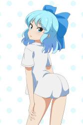 Rule 34 | 1girl, alternate costume, blue bow, blue eyes, blue hair, bow, cato (monocatienus), cirno, cirno day, commentary request, dress, from side, hair bow, highres, large bow, leaning forward, light blue hair, long hair, looking at viewer, open mouth, polka dot, polka dot background, short sleeves, simple background, solo, touhou, white dress