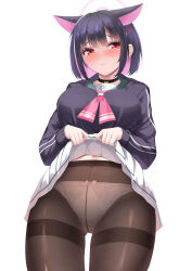 Rule 34 | animal ears, black choker, black hair, black jacket, blue archive, blush, breasts, brown pantyhose, choker, clothes lift, colored inner hair, commentary request, hair ornament, hairclip, halo, highres, jacket, kazusa (blue archive), large breasts, lifted by self, long sleeves, looking at viewer, multicolored hair, panties, panties under pantyhose, pantyhose, pleated skirt, red eyes, short hair, skirt, skirt lift, tatsumiya kagari, thighband pantyhose, two-tone hair, underwear, white background, white panties, white skirt