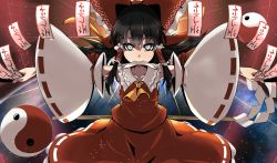 Rule 34 | 1girl, black hair, bow, commentary request, detached sleeves, earth (planet), epic armageddon, gohei, grey eyes, hair bow, hair tubes, hakurei reimu, highres, long sleeves, looking at viewer, neck ribbon, nontraditional miko, ofuda, outstretched arms, planet, ribbon, shirt, sidelocks, sleeveless, sleeveless shirt, solo, space, touhou, wide sleeves, yin yang orb