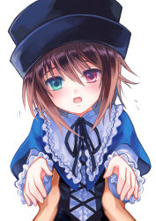 Rule 34 | 1girl, akuru (akr369akr), black headwear, black ribbon, blue capelet, blush, brown hair, capelet, carrying, carrying person, commentary, flying sweatdrops, green eyes, hair between eyes, hat, heterochromia, long sleeves, looking at viewer, medium hair, motion lines, neck ribbon, open mouth, red eyes, ribbon, rozen maiden, simple background, solo focus, souseiseki, top hat, white background
