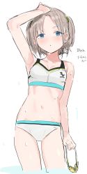 Rule 34 | absurdres, adjusting hair, arm up, bad id, bad twitter id, bikini, blue eyes, brown hair, earrings, goggles, highres, idolmaster, idolmaster shiny colors, jewelry, midriff, navel, serizawa asahi, short hair, short twintails, solo, suisogenshi, swimsuit, twintails