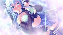 Rule 34 | 1girl, 1other, aqua bra, awata izuna, black gloves, black thighhighs, blue eyes, blue hair, blue skirt, blush, bra, breasts, cleavage, clothes pull, elbow gloves, floating hair, game cg, gloves, grabbing, grabbing another&#039;s breast, grabbing from behind, hair between eyes, hair ribbon, highres, idol, kyokugen chikan tokuiten 2, layered skirt, long hair, m&amp;m, medium breasts, microphone, midriff, miniskirt, molestation, navel, official art, one side up, parted lips, pleated skirt, pulling another&#039;s clothes, purple shorts, ribbon, short shorts, shorts, shorts pull, skirt, stage, stomach, sweatdrop, thighhighs, underwear, very long hair