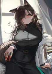 Rule 34 | 1girl, animal ears, arknights, belt, belt buckle, black belt, black skirt, black sweater, blush, braid, breasts, brown hair, brown tail, buckle, chromatic aberration, closed mouth, commentary request, cowboy shot, cup, drink, drinking glass, drunk, earrings, eyes visible through hair, fingernails, hair between eyes, hair over one eye, half-closed eyes, highres, holding, holding cup, holding drink, indoors, jewelry, large breasts, light particles, long hair, long sleeves, looking at viewer, mole, mole above eye, mole on forehead, penance (arknights), sitting, skirt, solo, split mouth, squeans, sweater, tail, textless version, turtleneck, turtleneck sweater, watanab1019, window