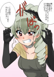Rule 34 | 1girl, anchovy (girls und panzer), black gloves, blush, breasts, drill hair, elbow gloves, girls und panzer, gloves, green hair, grin, long hair, medium breasts, red eyes, smile, solo, upper body, wakku kan