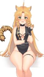 Rule 34 | 1girl, ahoge, animal ears, arknights, black one-piece swimsuit, blush, center opening, drill hair, drill sidelocks, groin, highres, invisible chair, looking at viewer, one-piece swimsuit, open mouth, orange hair, radioneet, sidelocks, simple background, sitting, skindentation, solo, swimsuit, swire (arknights), tail, tail ornament, tail ring, thick thighs, thigh strap, thighs, tiger ears, tiger girl, tiger tail, white background
