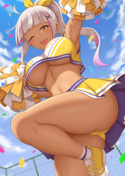 Rule 34 | 1girl, ;d, ass, blue sky, blunt bangs, blurry, blurry background, blush, bow, breasts, chain-link fence, cheerleader, clothes writing, cloud, commentary request, confetti, cowboy shot, crop top, crop top overhang, dana (yasojima nejiro), dark-skinned female, dark skin, day, dutch angle, fence, flying sweatdrops, from below, hair bow, hair ornament, hands up, high ponytail, highres, holding, holding pom poms, large breasts, leg up, looking at viewer, looking down, midriff, miniskirt, multicolored hair, navel, no bra, one eye closed, open mouth, original, outdoors, outstretched arm, panties, pink hair, pleated skirt, pom pom (cheerleading), pom poms, ponytail, ribbed legwear, shirt, shoes, skirt, sky, sleeveless, sleeveless shirt, smile, sneakers, socks, solo, standing, standing on one leg, streaked hair, striped clothes, striped shirt, striped skirt, sweat, teeth, thighs, two-tone hair, underboob, underwear, upper teeth only, upskirt, white hair, white socks, x hair ornament, yasojima nejiro, yellow bow, yellow eyes, yellow footwear, yellow panties, yellow shirt, yellow skirt