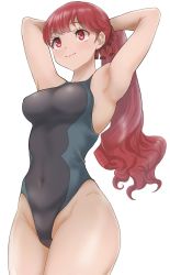 Rule 34 | 1girl, armpits, arms up, blush, breasts, competition swimsuit, covered navel, cowboy shot, cropped legs, female focus, from below, hair ribbon, highleg, highleg swimsuit, highres, kurosususu, light blush, lips, long hair, matching hair/eyes, medium breasts, multicolored clothes, multicolored swimsuit, one-piece swimsuit, persona, persona 5, persona 5 the royal, ponytail, red eyes, red hair, red ribbon, ribbon, smile, solo, standing, swimsuit, thick thighs, thighs, white background, wide hips, yoshizawa kasumi