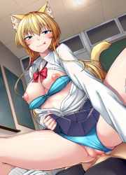 Rule 34 | 1boy, 1girl, :p, animal ears, blonde hair, blue bra, blue eyes, blue panties, blush, bra, breasts, cat ears, cat tail, censored, clothes lift, clothing aside, commentary request, cowgirl position, half-closed eyes, hetero, highres, large breasts, lifting own clothes, long hair, looking at viewer, loose socks, mosaic censoring, nipples, nokoppa, original, panties, panties aside, pleated skirt, pov, pussy, pussy juice, school uniform, sex, skirt, skirt lift, smile, socks, spread legs, straddling, tail, tongue, tongue out, twintails, underwear, vaginal, white legwear
