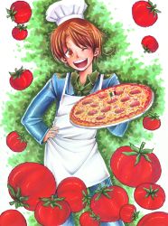 Rule 34 | 1boy, apron, axis powers hetalia, brown eyes, brown hair, chef&#039;s hat, chef hat, csiguli, flag, food, hat, italian flag, italy flag, male focus, necktie, northern italy (hetalia), one eye closed, pizza, solo, tomato, wink