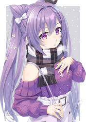 Rule 34 | 1girl, :o, aran sweater, bare shoulders, bow, breath, cable knit, clothing cutout, commentary request, cone hair bun, fringe trim, genshin impact, grey background, hair between eyes, hair bow, hair bun, keqing (genshin impact), keqing (lantern rite) (genshin impact), long sleeves, miri (ago550421), parted lips, plaid, plaid scarf, puffy long sleeves, puffy sleeves, purple eyes, purple hair, purple sweater, scarf, shoulder cutout, skirt, sleeves past wrists, snowing, solo, sweater, twintails, two-tone background, upper body, white background, white bow, white skirt