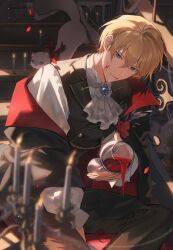 Rule 34 | 1boy, absurdres, animal, ascot, black pants, blonde hair, blood, blood on face, blue eyes, brooch, candelabra, candle, candlestand, cup, drinking glass, falling petals, flower, hair between eyes, halloween costume, highres, hiyamaru, holding, holding cup, holostars, jewelry, kishido temma, light particles, looking at viewer, male focus, pants, petals, red flower, red ribbon, ribbon, shirt, short hair, sidelighting, sitting, sitting on stairs, solo focus, spilling, stairs, vampire costume, virtual youtuber, white ascot, white shirt, wine glass, yonsang (swordmaster)