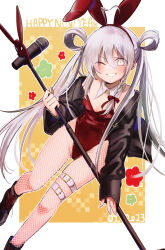 Rule 34 | 1girl, ahoge, animal ears, black footwear, black jacket, boots, bow, braid, breasts, chinese zodiac, detached collar, evil smile, fake animal ears, fishnet pantyhose, fishnets, floral background, from above, hair between eyes, hair bow, hair rings, happy new year, highres, holding, holding microphone stand, hoshi syoko, idolmaster, idolmaster cinderella girls, jacket, jacket partially removed, kobara suita, leotard, long hair, microphone stand, new year, one eye closed, open clothes, open jacket, outside border, pantyhose, playboy bunny, rabbit ears, red bow, side braid, sleeves past wrists, small breasts, smile, solo, swept bangs, thigh strap, twintails, white eyes, white hair, white pantyhose, year of the rabbit, yellow background