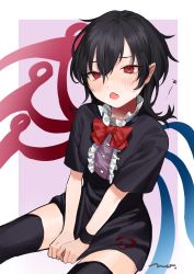 Rule 34 | 1girl, :o, asymmetrical wings, between legs, black dress, black hair, black thighhighs, blush, border, bow, bowtie, center frills, dress, fang, frills, hair between eyes, half-closed eyes, hand between legs, highres, houjuu nue, long hair, looking away, makita (vector1525), open mouth, outside border, pointy ears, purple background, red bow, red bowtie, red eyes, short sleeves, signature, simple background, sitting, skin fang, solo, thighhighs, thighs, touhou, v arms, white border, wings
