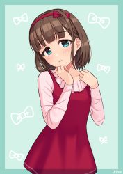 Rule 34 | 1girl, aged down, blue eyes, blush, bow, brown hair, child, commentary, dress, flat chest, frilled shirt, frills, green background, hairband, hand on own chin, hands up, highres, idolmaster, idolmaster cinderella girls, long sleeves, looking at viewer, parted lips, pink shirt, red bow, red dress, red hairband, sakuma mayu, shirt, short hair, solo, wgm oekaki