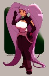 Rule 34 | 1girl, aamonns, absurdly long hair, absurdres, artist name, black gloves, breasts, dark-skinned female, dark skin, entrapta, full body, gloves, hand on own hip, hand up, highres, large breasts, long hair, parted lips, purple eyes, purple hair, she-ra and the princesses of power, solo, standing, twintails, very long hair