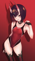 Rule 34 | 1girl, black gloves, black legwear, black one-piece swimsuit, blush, bob cut, breasts, collarbone, commentary request, competition swimsuit, covered navel, detached collar, eyeliner, fang, fate/grand order, fate (series), fingerless gloves, gloves, gradient background, headpiece, highleg, highleg swimsuit, highres, hip focus, horns, looking at viewer, makeup, nail polish, one-piece swimsuit, open mouth, pink nails, purple eyes, purple hair, red background, red one-piece swimsuit, shadow, short eyebrows, short hair, shuten douji (fate), skin-covered horns, small breasts, smile, solo, strap pull, swimsuit, thighs, tongue, tongue out, two-tone swimsuit, ulrich (tagaragakuin)